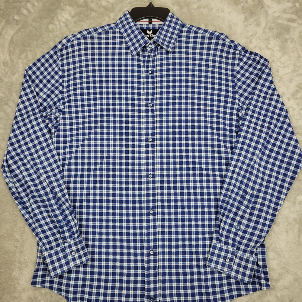 Butter Cloth Men's L Blue Check Plaid Long Sleeve 100% Cotton Button Down Shirt